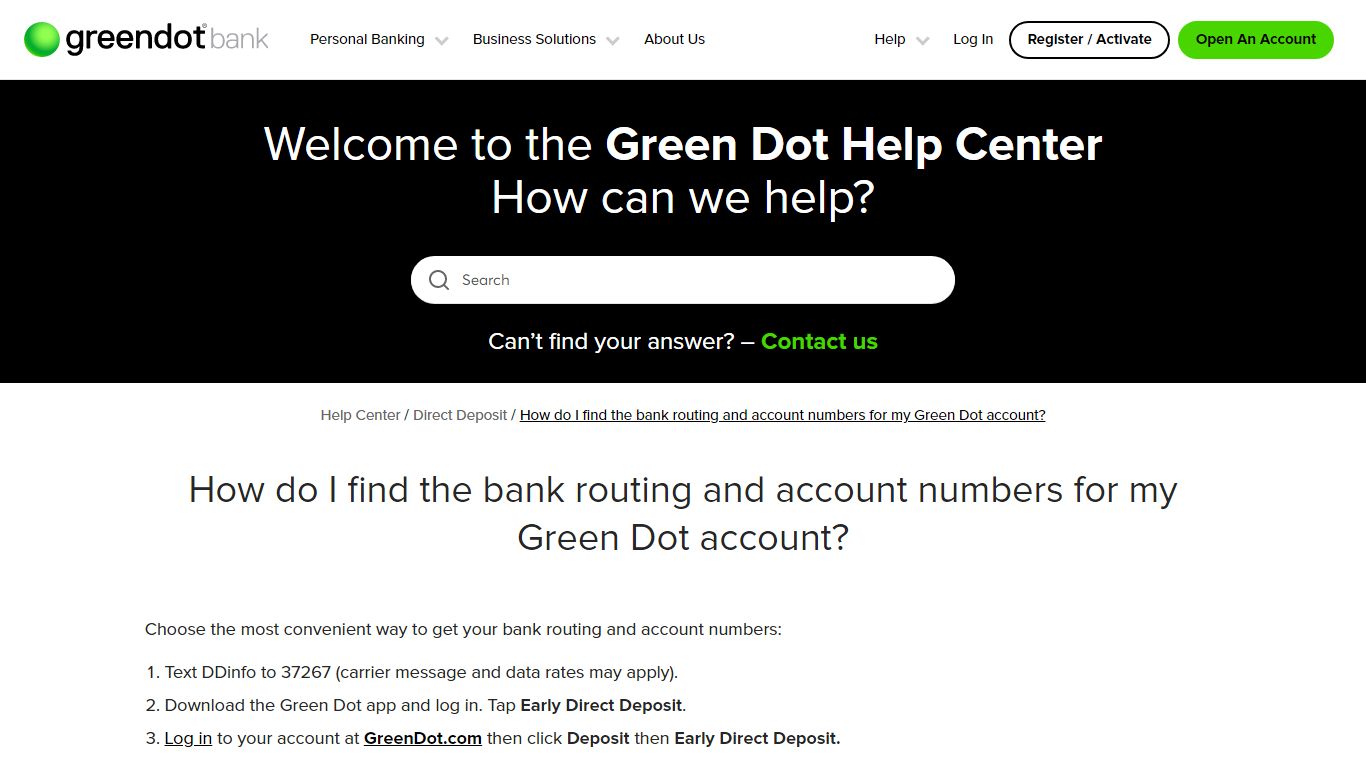 Direct Deposit routing and account numbers | Green Dot