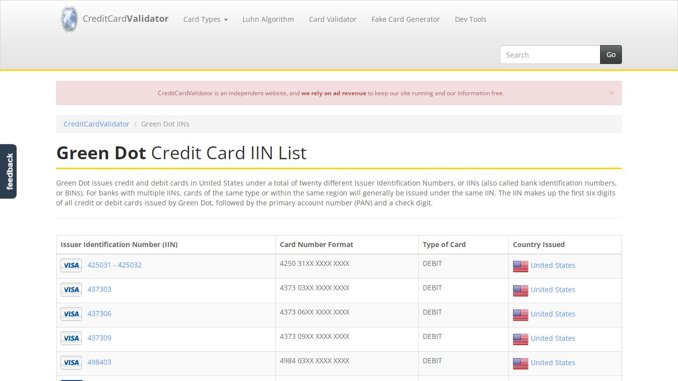 Green Dot Credit Card IIN / BIN Number List | CreditCardValidator